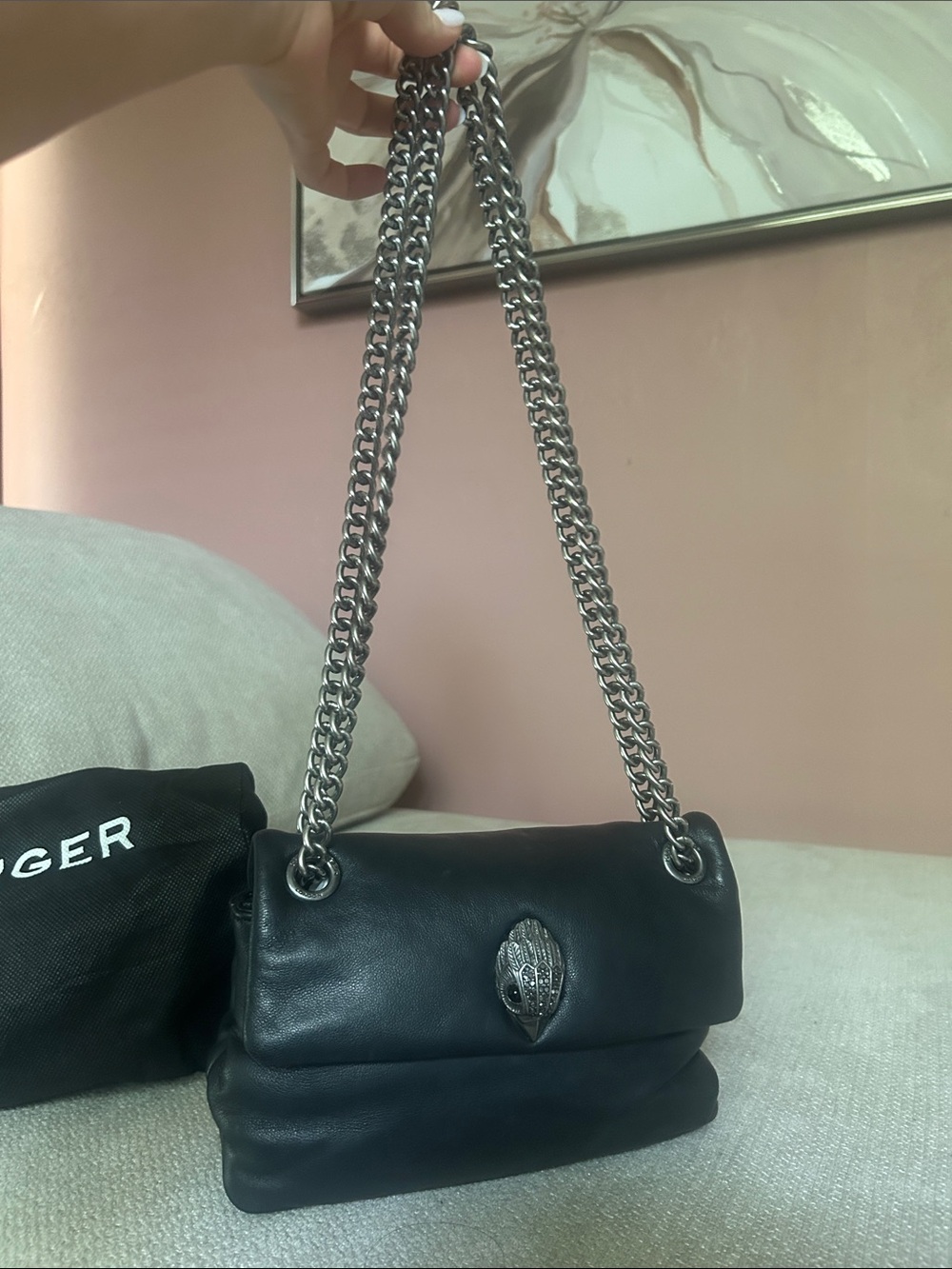 Kurt Geiger Black Leather Mini Shoulder Bag with Silver Chain - Picture 2 of 5